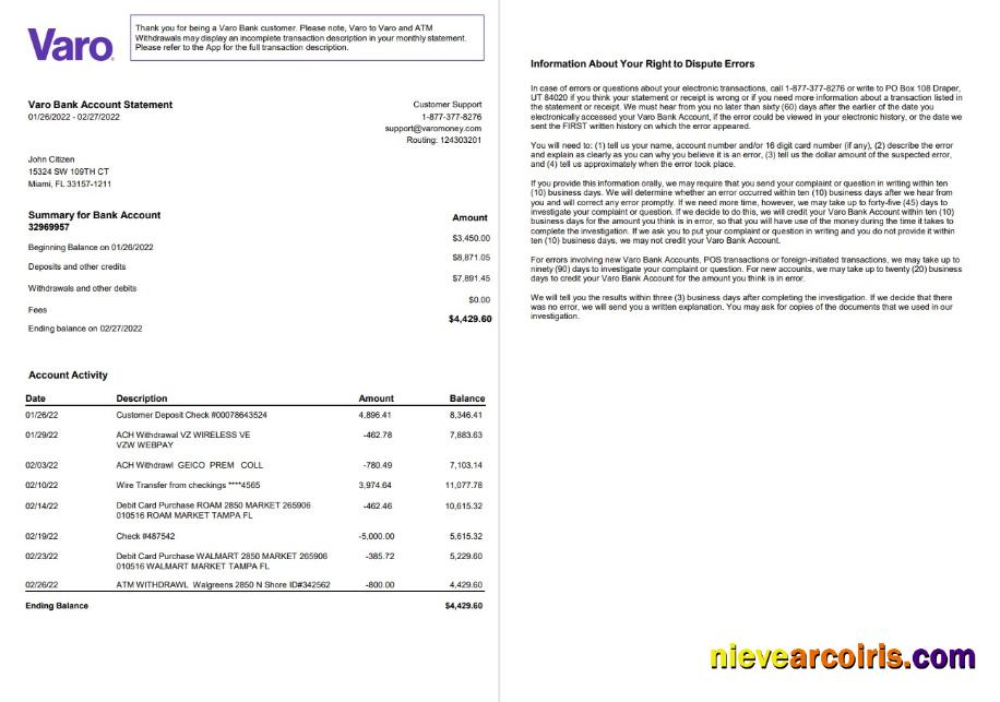USA Varo bank statement 2 pages, version 2